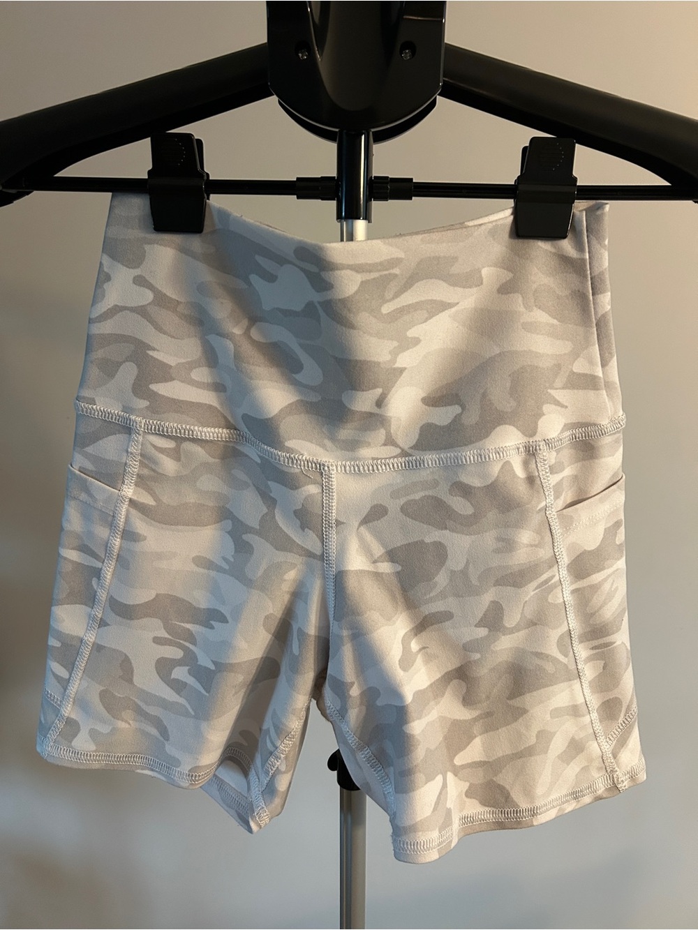 Evolution and Creation White and Gray Camo High-Waist Bike Shorts